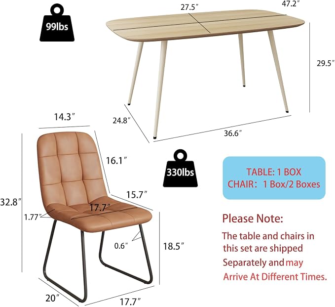 HIPIHOM Modern 47.2" Dining Table Set for 4 with Leather U-Shaped Chairs, Wood Table with Cat Scratch-Resistant Surface, Ideal for Kitchen & Dining Room