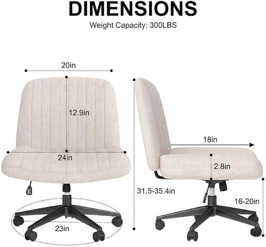 Criss Cross Chair with Wheels Wide Cross Legged Cute Office Desk Comfy Vanity Makeup Chair Fabric Height Adjustable Swivel for Home Computer Task, White