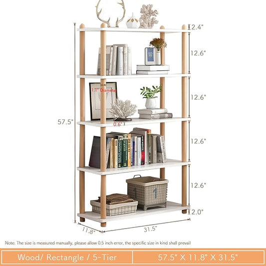 IOTXY 5-Tier Wooden Shelf Bookcase - Modern Open Bookshelf, Free Standing Storage Rack, Multifunctional Display Stand for Home and Office, White, Rectangle