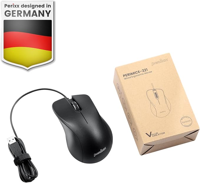 Perixx PERIMICE-221U Wired Ergonomic USB Mouse - 4.9 Ft Cable - Optical 1000 DPI Design - Black……