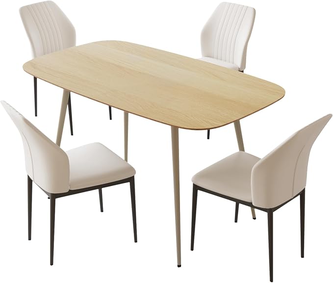 HIPIHOM 47.2'' Dining Table Set for 4,Modern Wood Dining Table,Leather Dining Chairs 4,Table and Chairs Set of 4,Ideal for Kitchen Dining Room (Cat Scratch Table + 4 White Chairs, 47.2")