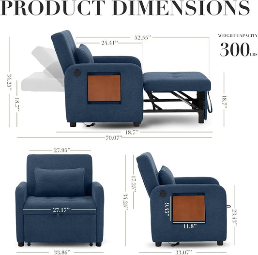 Convertible Sleeper Chair-Fabric Futon Sofa Bed, Single Sleeper Sofa, Small Couch Bed with USB Port, Foldable Table, Pillow, Adjustable Backrest for Dorm/Bedroom/College Blue