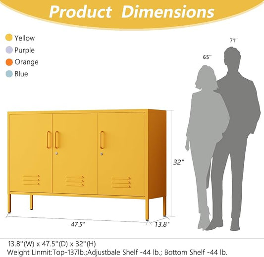 47.5" Wide Yellow Metal Storage Cabinet with Lock and Ventilated Doors, 2 Adjustable Shelves, Heavy Duty Home Metal Accent Locker for Kitchen Office Living Room Hallway