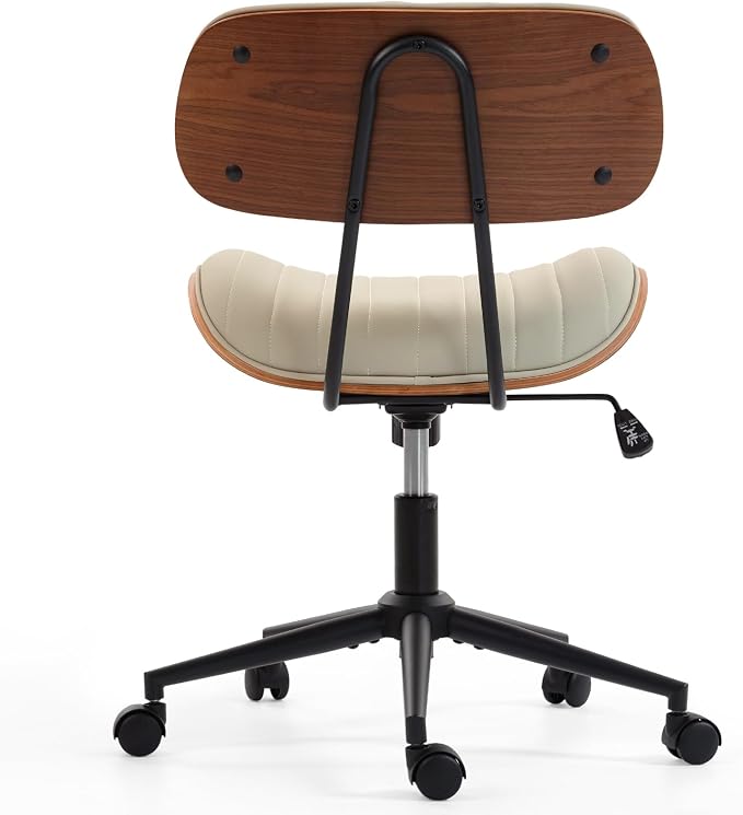 Home Office Chair with Wheels, Adjustable Height Leather Swivel Desk Computer Chair, Armless Modern Walnut Chair for Office, Meeting Room, White