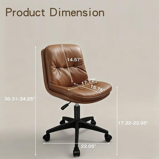 Small Office Desk Chair, PU Leather Armless Swivel Chair with Lumbar Pillow, Height Adjustable Task Chair for Small Spaces, Bedroom & Vanity Brown