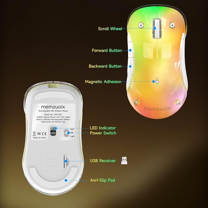 memzuoix 2.4G LED Wireless Mouse, Rechargeable Ergonomic Mouse with Detachable Cover, 1400 DPI Portable Optical Computer Mouse with USB Receiver for Laptop, PC, Desktop and MacBook, 5 Buttons-Yellow