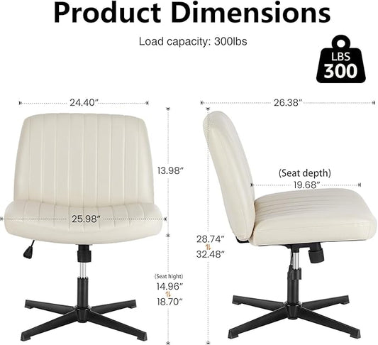 DUMOS Criss Cross Chair No Wheels, Wide Seat Cross Legged Office Desk Vanity Chair, Faux Leather Armless Height Adjustable Swivel Task Computer Chairs for Home, Study, Beige PU