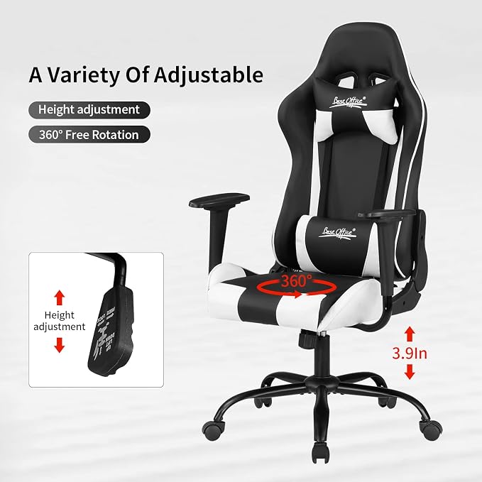 BestOffice Gaming Chair Desk Chair Ergonomic High Computer Chair with Adjustable Lumbar Support, Armrests, and Racing-Inspired Design for Office and Home Use (White)
