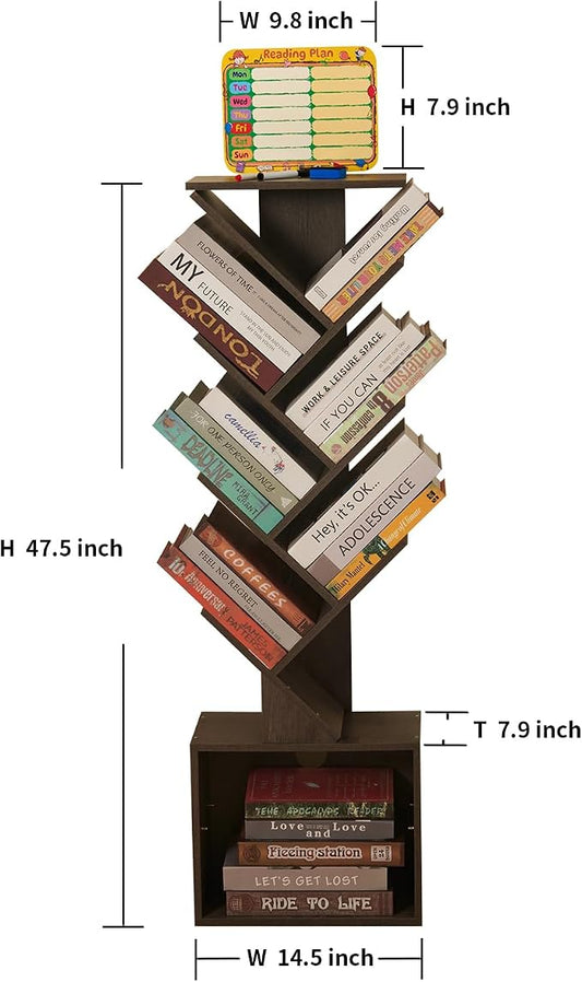 7 Tier Tree Book shelf, Small Bookcase with Reading Planner and Activity Panel, Modern Floor Standing Corner Tall Narrow Storage Cabinet Bookshelves for Home Office Bedroom Living Room (Gray)