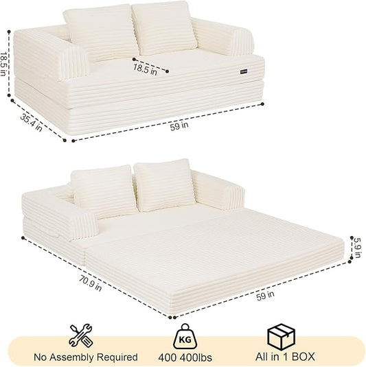 COMAX Convertible Sofa Bed, Folding Floor Couch Corduroy Fold Out Couch Bed Futon Sleeper Mattress with Pillows, Boneless Sofa Comfy Lounge Loveseat for Living Room Bedroom, Plush Beige