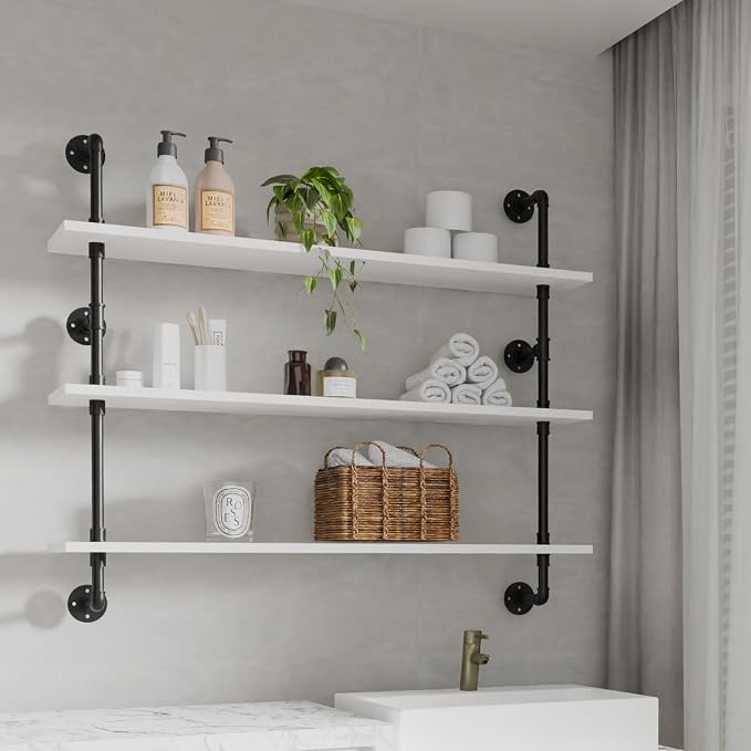 HDDFER Industrial Pipe Shelving Rustic White Pipe Wall Shelves Industrial Shelves with Wood Planks Floating Shelves 48 Inch Farmhouse Bathroom,Kitchen Shelving Wall Mounted