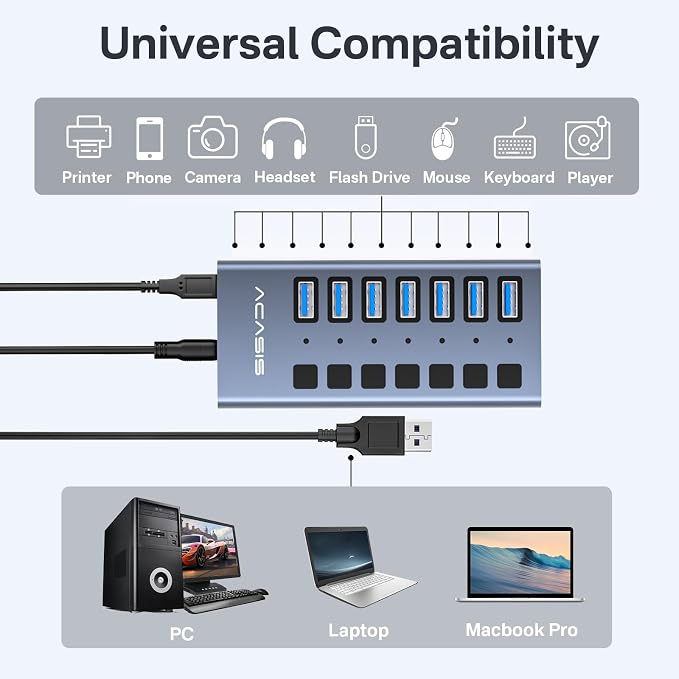 Powered USB 3.2 Hub, ACASIS 7 Ports USB 3.2 Hub with 10Gbps Data Speed, Aluminum Housing, USB Hub Powered with 24W Power Adapter, USB Hub for PC/Laptop, Computer, Flash Drive, Printer, Camera