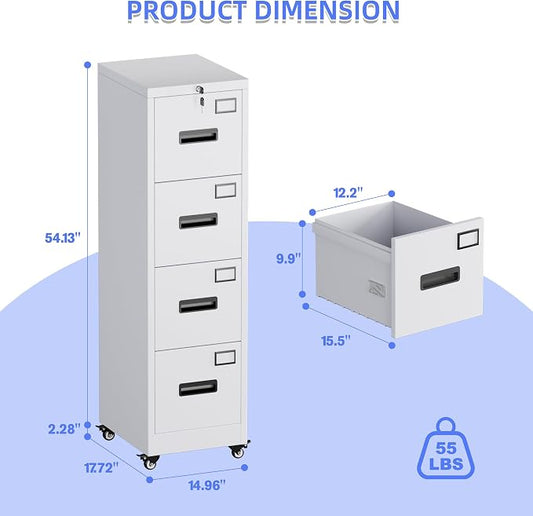 Aobabo 4 Drawer File Cabinet with Lock and Wheels, Metal Vertical Filing Cabinet with Anti-Tilt Interlock System for Home Office, Fits Letter/Legal Size, White,Required Assembly