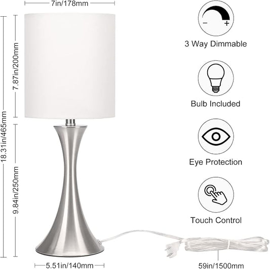 Touch Control Table Lamp, 3-Way Dimmable Bedside Lamp for Living Room, Modern Nightstand Lamp for Bedroom, Silver Table Lamp with White Shade, Desk Lamp for Dorm, Home, Office, 3000K LED Bulb Included