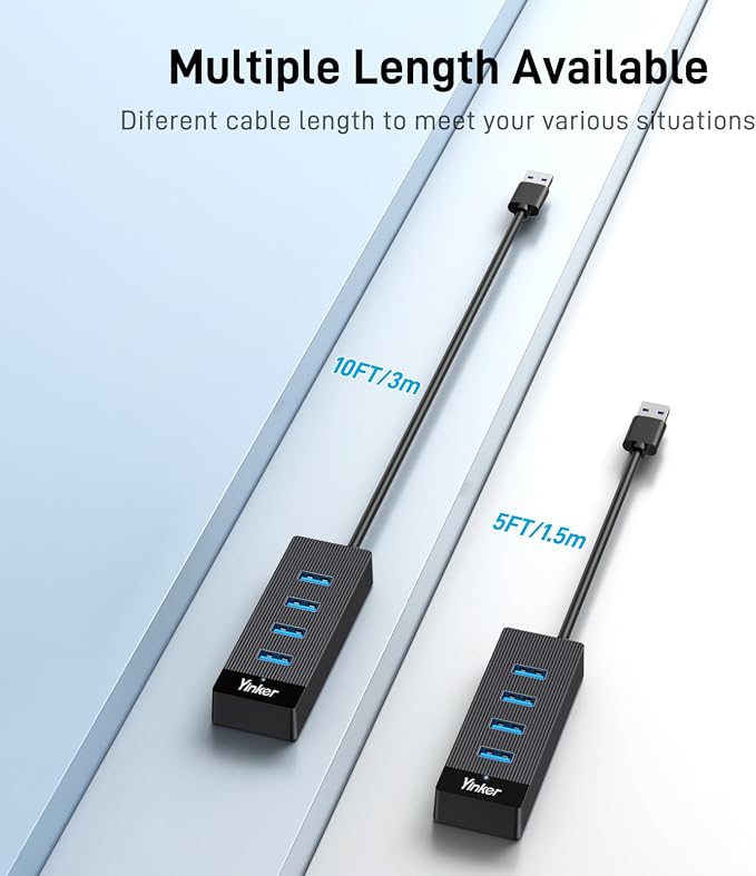 4 Port USB 3.0 Hub 5FT Long Cable, USB Extension Data Cable USB Dock Extender for Desktop PC Laptop, 5Gbps with 5V USB-C Power Supply