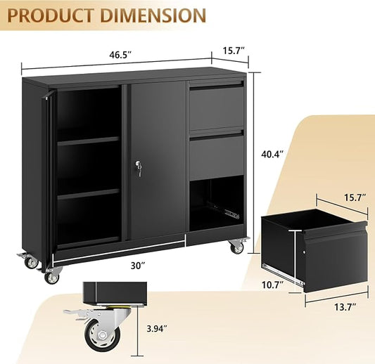 47" Rolling File Storage Locker Cabinet with 3-Drawer,Office Storage Cabinet with Adjustable Shelf & Universal Wheels, Mobile Printer Stand for Home Office, Living Dining Room,Black