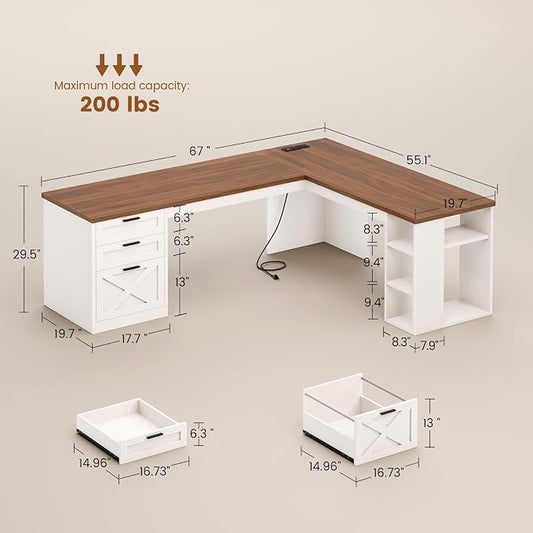 SEDETA Farmhouse 67" L Shaped Desk with 3 Drawers, White Corner Computer Desk with Storage Shelves, Home Office Desks with Power Outlets,Executive Desk for Home Office, White and Brown