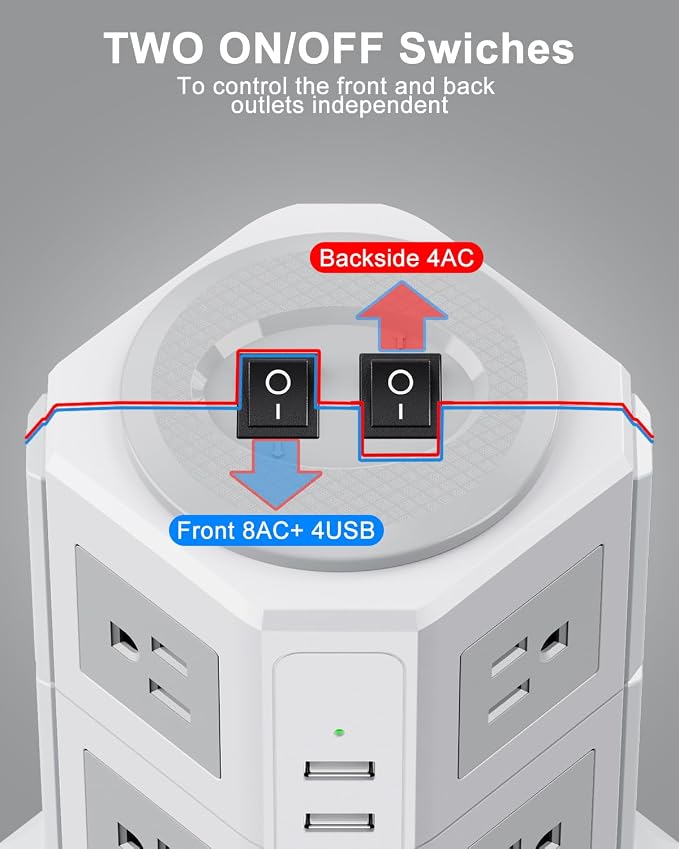 Tower Surge Protector Power Strip Flat Plugs with 8 Outlets 4 USB Ports (2 Type C), 6.5 FT Flat Extension Cord with Multiple Outlets, Charging Station with Surge Protection for Home Office Dorm