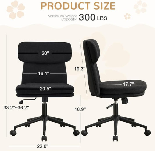 Furniliving Armless Office Chair, Upholstered Chenille Desk Chair with Wheels, Adjustable Swivel Computer Vanity Chair with Double-Layer Cushion, Black
