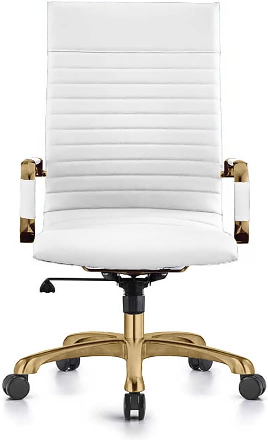 LeisureMod Harris High-Back Task Office Chair - Modern Leather Upholstery with Gold Frame, Ribbed Design 360 Degree Adjustable Swivel for Home, Office, and Study Room