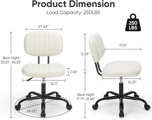 DUMOS Small Office Desk Chair - Armless PU Leather with Comfy Lumbar Support, Height Adjustable Rolling Swivel Task for No Arms, for Adult, Student, Bedroom, Home, Vanity, Beige White