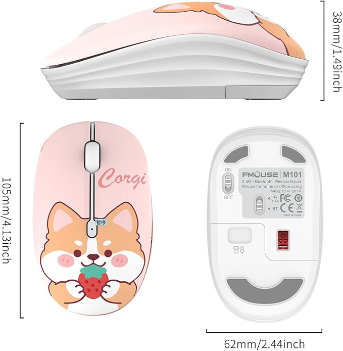 FMOUSE Cute Wireless Mouse, Bluetooth & 2.4GHz Dual Mode with USB Receiver, Silent Click, AA Battery Powered, for Kids Students Teen Girls, Compatible with Laptop Mac iPad PC (Strawberry Corgi)