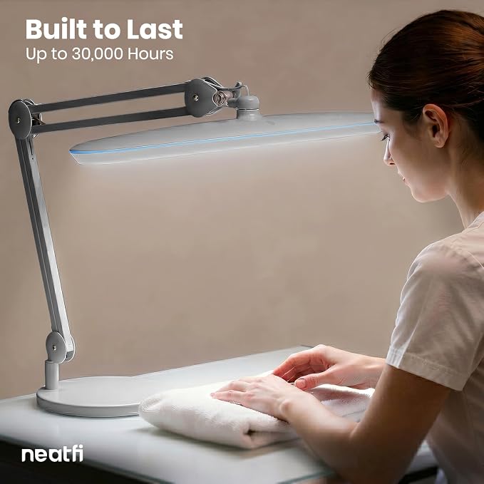Neatfi XL 24W LED Desk Lamp – 2,200 Lumens | 23” Wide Shade | Dimmable Eye-Caring Task Light | Adjustable Arm | Office, Study, Crafting & Nail Techs (Silver, Non-CCT with Base)