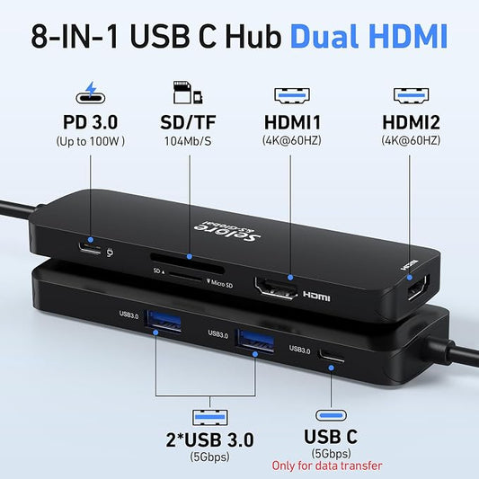 USB C Docking Station Dual HDMI Monitor, USB C to Dual HDMI Adapter with 2HDMI Ports, PD Charging, SD/TF, USB A&C 3.0 Ports, Laptop Docking Station for Dell XPS/HP/Lenovo/Surface/Yoga etc(Black)