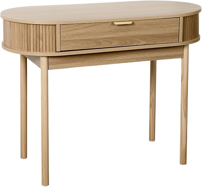 Fluted Small Computer Desk with Drawer, 40 Inch Mid-Century Modern Writing Desk with Solid Wood Legs,Compact Study Table for Small Spaces, Home Office, Bedroom,Walnut