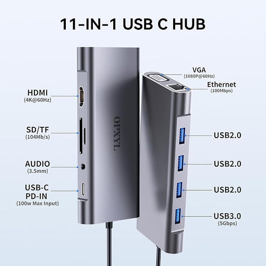 OPXYL 11-in-1 USB C Hub Multiport Adapter, USB C Docking Station with 4K HDMI, VGA 1080P, 100W PD, Ethernet, SD/TF, Audio, USB 3.0 Port, Laptop Dock for MacBook Pro/Air, iPad, Windows