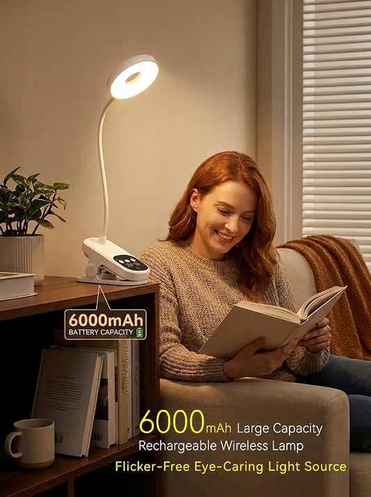 Clip On LED Desk Lamp Wireless, 6000mAh Rechargeable Eye-Caring Bedside Reading Light with Clock & Timer, 3 Color Temperatures 360° Rotatable for Dorm Room, Bed Headboard, Home, Office, Camping