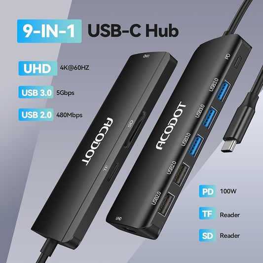USB C Hub, 9-in-1 Multi-Port USB Adapter, 4K@60Hz HDMI, 100W Max PD, 3 USB3.0(5Gbps) + 2 USB2.0 Data Ports, SD/TF Card Reader for MacBook, iPad Pro, Dell, HP, Lenovo, Windows Laptop, Black