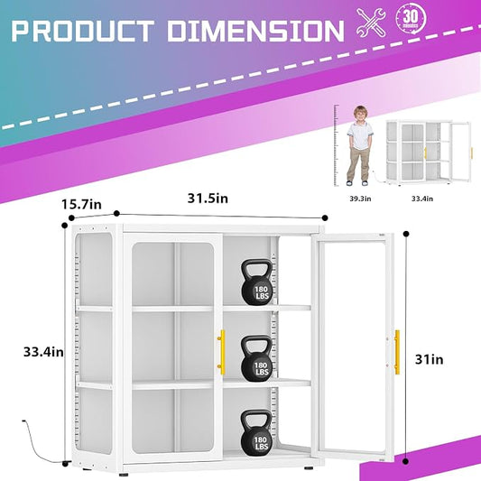 PAOFIN 34" Display Cabinet with Glass Doors, Curio Cabinet with Many Color Lights for Collectibles, Glass Display Case, Bookcase with 2 Shelves, Storage Cabinets, Assembly Required White
