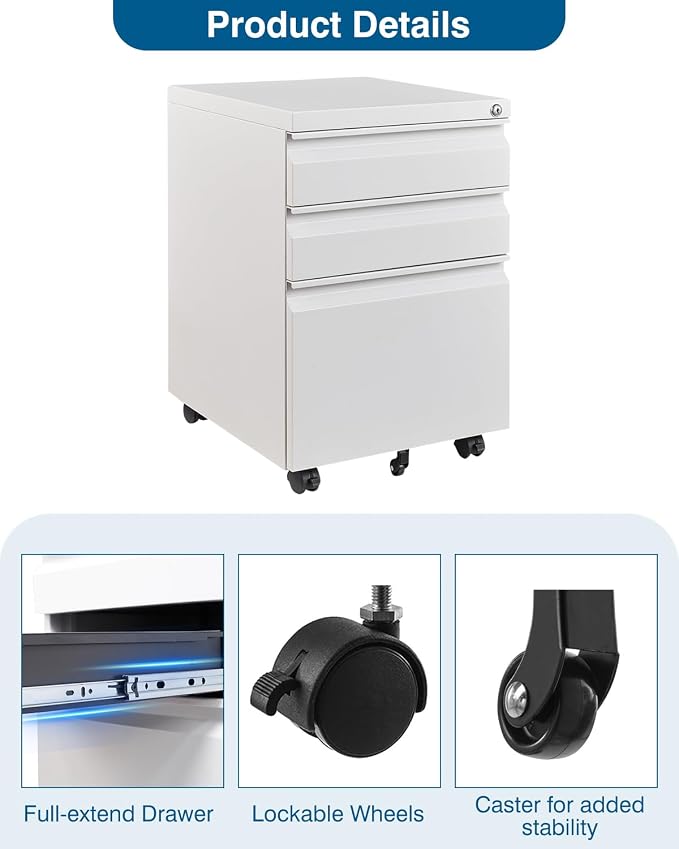 PEUKC 3 Drawer Metal Under Desk Rolling File Cabinet, Lockable, Fits Letter/Legal/A4 Size, White, Home Office
