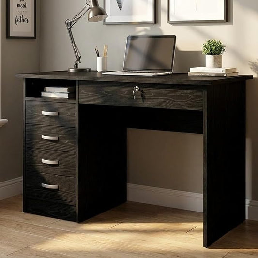 Furnifact Black Home Office Desk with 5 Drawers and Open Shelf, Lockable Storage Computer Desk and Study Table Ideal for Work from Home Setup