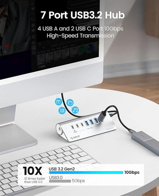 ORICO 7-Port USB 3.2 Gen2 Hub, Powered USB 3.2 Hub with 4 USB-A, 2 USB-C, PD 60W, 72W Power Adapter, 10Gbps Aluminium USB-Splitter with 3.28Ft USB-C to USB-C Cable for iMac, MacBooks, Mac mini