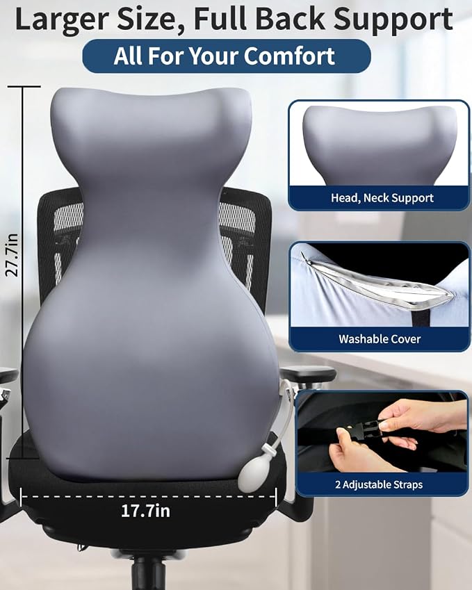 27.7'' Adjustable Airbag Full Back Lumbar Support Pillow, Back Pain Relief | High Memory Foam Lumbar Cushion for Office Chair Upper Lower Back Pain Relief, Improves Posture for Desk, Gaming Chair, Couch