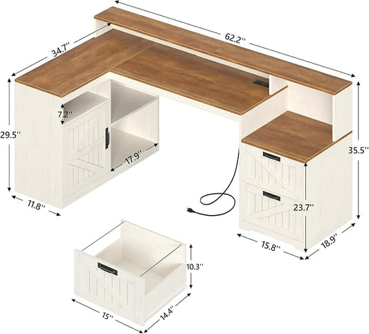 TVU Farmhouse L Shaped Desk with Drawers, 62.2" Home Office Desk with Storage Shelves and Power Outlet, L Shaped Computer Desk with Monitor Stand and Printer Shelf, Brown and White