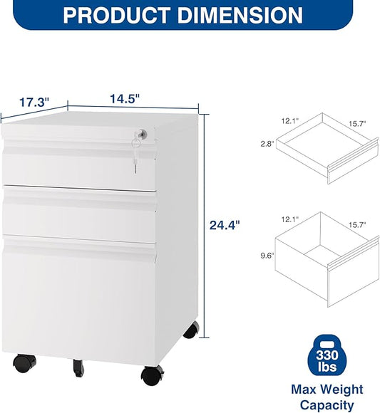 Fesbos 3 Drawer Mobile Metal File Cabinet, White Filling Cabinets with Lock, Office Storage File Cabinet with Wheels Under Desk - Assembled Required