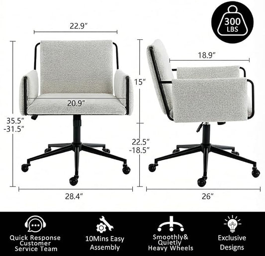 YOUNIKE Wide Seat Home Office Chair with Arms Modern Desk Chair with Wheels Fabric Vanity Chairs with Comfy Back Cross Legs Adjustable Swivel Rolling Computer Task Chair for Study Bedroom Makeup Beige