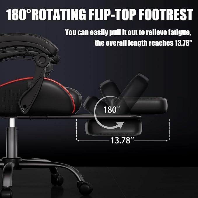 Czlolo Gaming Chair, Ergonomic Office Computer Chair with Footrest and Lumbar Support Massager Racing Style High Back Video Gamer Chair, Wide&Thick Cushion, 90°-135° Recline, Adjustable Height, Red