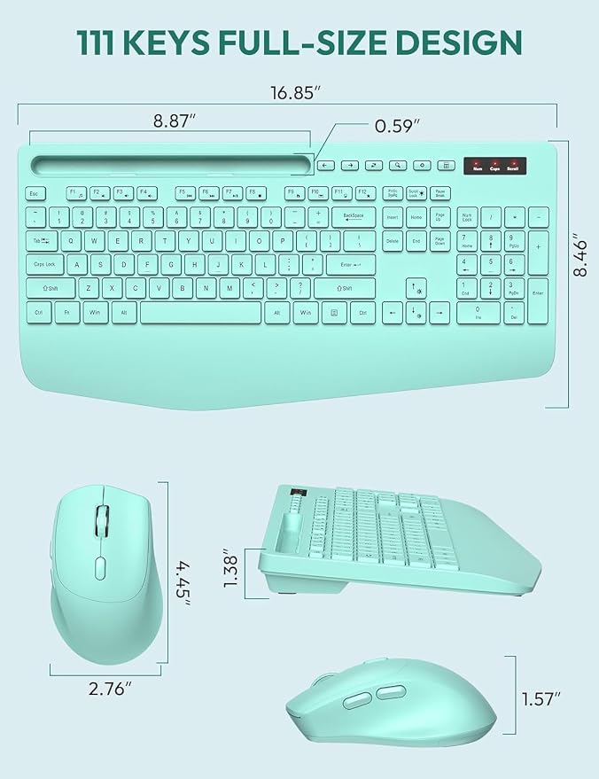 SABLUTE Wireless Keyboard and Mouse, Wrist Rest, Phone Holder, Battery Powered, 2.4G Lag-Free Ergonomic Keyboards Mouse Combo, KM23D Silent Keyboards Set for PC, Laptop, PC, Windows, Mint Green