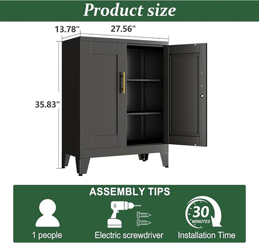 Black Metal Storage Cabinet, 36" Tall Locking Storage Cabinet with 2 Adjustable Shelves, Steel Locker Organizer, for Office, Home, School, 2PS