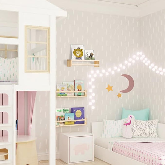 AZSKY Floating Nursery Book Shelves-Natural Wood Bookshelf for Kids Room 16 Inch, Small Bookshelf Wall Mounted for Baby Boys Girls-Living Room, Bathroom, Kitchen, Decor & Storage for Books and Dolls