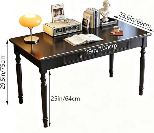 Solid Wooden Desk with Drawers, Small Writing Desk with Drawers for Computer, PC Desk for Work, Study or Gaming, Easy to Assemble (Ivory White, 39in)