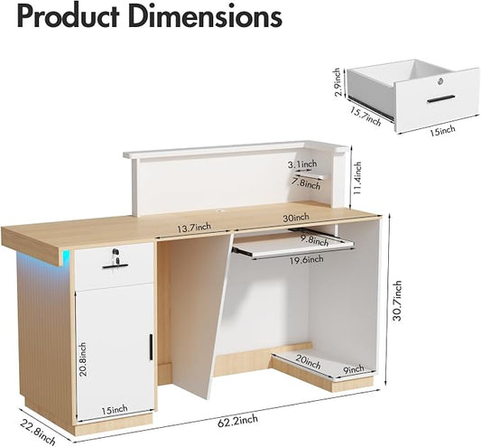 Kikihouse Modern Reception Desk with LED, 63” Fluted Front Desk with Lockable Drawer, Cabinet and Sliding Tray, Large Reception Counter Table for Office Lobby Nail Salon Clinic (Maple)