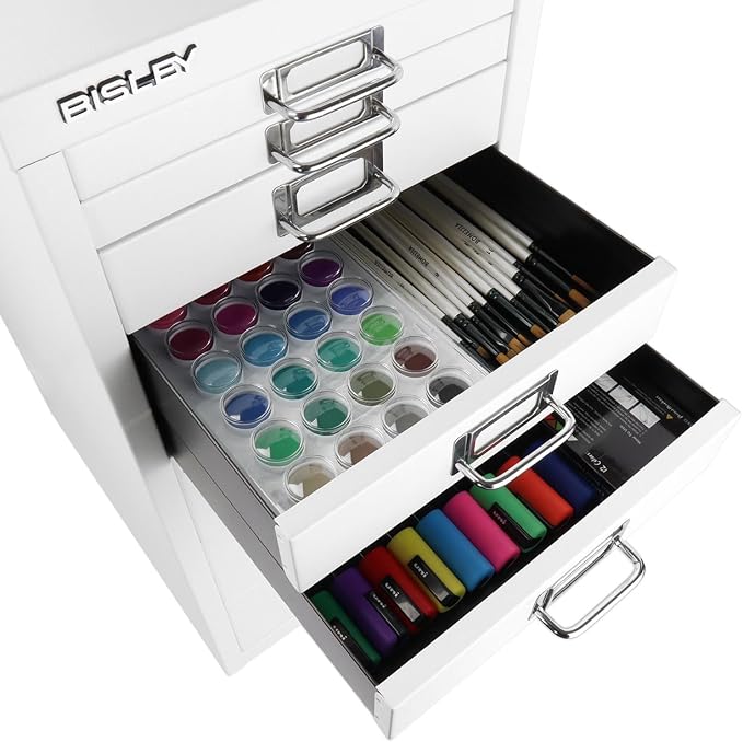 Bisley 8-Drawer Steel MultiDrawer Cabinet - Traffic White | Chrome Pull Handles with Label Holders, Powder-Coated Steel, Removable Drawers, Fits Under Most Desks, Labels Included