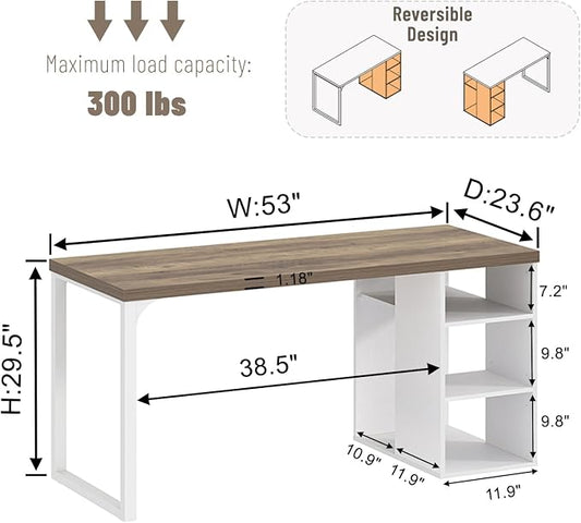 EXCEFUR Modern Computer Desk for Home Office, PC Gaming Desk with Reversible Storage Shelves, Study Writing Table Workstations for Living Room, 53 Inch, Rustic Oak and White