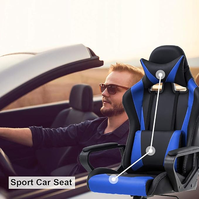 BestOffice High-Back Gaming Chair PC Office Chair Computer Racing Chair PU Desk Task Chair Ergonomic Executive Swivel Rolling Chair with Lumbar Support for Back Pain Women, Men,Blue