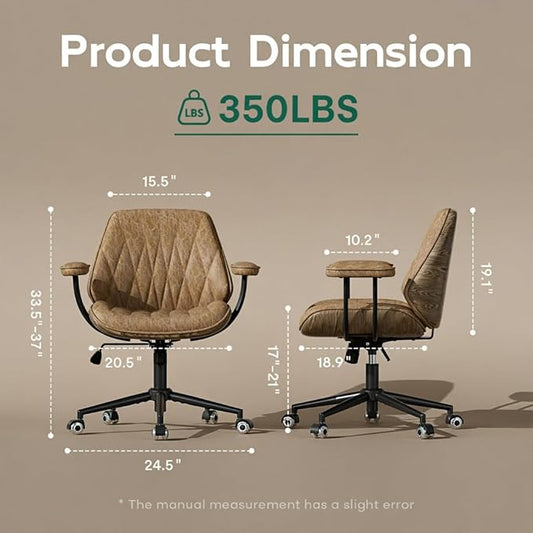 Office Desk Chair with Rubber Casters and Padded Arms, Premium Camel Brown Faux Leather Computer Chair, Height Adjustable Vintage Rolling Swivel Executive Task Chair for Home Office